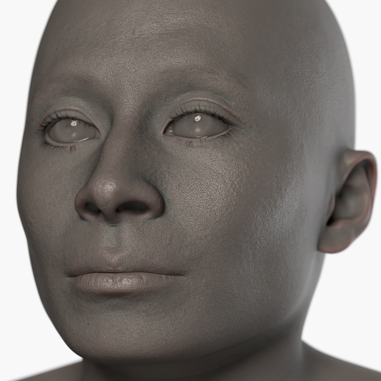 Clay render of a male head scan showing fine skin pore and surface detail captured via photogrammetry
